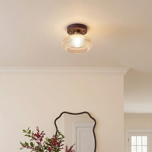 Retro Walnut Base Amber Fluted Glass Ceiling Light – Vintage Ribbed Glass Semi-Flush Mount Fixture with Metal Wood Base, E26 Base 10W Max, for Kitchen Island, Hallway, Bedroom