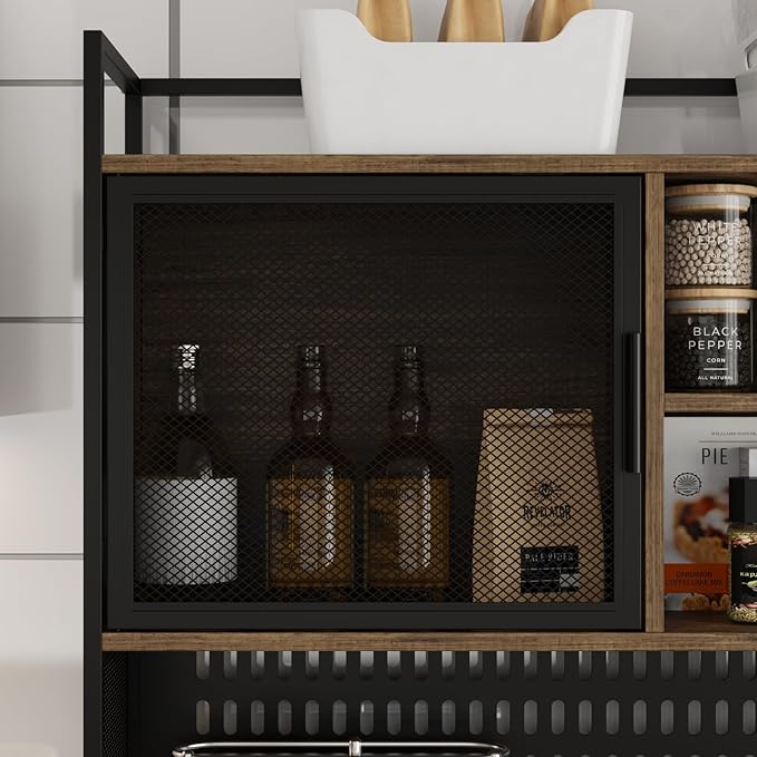 ECACAD 70.9" L Sideboard Buffet Storage Cabinet with Hutch, Pegboard, 4 Metal Mesh Doors, 6 Drawers & Shelves, Kitchen Pantry Cupboard for Living Room, Dining Room, Black & Rustic Brown