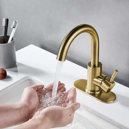 Bathroom Sink Faucet Single Hole Brushed Gold, Modern Single Handle Bathroom Faucet Commercial Stainless Steel Bar Faucet (Brushed Gold, with Drain)