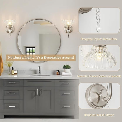 1 Piece Brushed Nickel Finish Wall Sconce, 1-Light Modern Wall Sconce with Hanging Crystal Accents and Flower-Shaped Clear Shades for Bathroom Bedroom Living Room,Modern Vanity Light