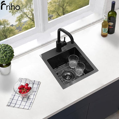 Friho Drop-in Black Bar Sink, 15"x 17" Inch Small Kitchen Sink, Stainless Steel Handmade Single Bowl Topmount RV Kitchen Sinks With Dish Grid & Basket Strainer