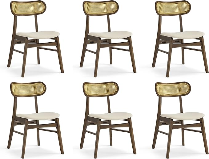 KISLOT Wooden Dining Chairs Set of 6, Upholstered Modern Dining Room Chairs, Mid Century Oak Wood Kitchen Chairs with Rattan Backrest for Farmhouse, Kitchen, Restaurant (Cream Fabric & Walnut Color)