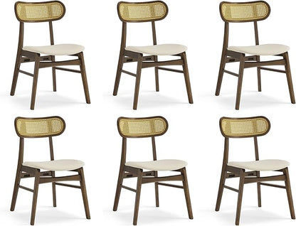 KISLOT Wooden Dining Chairs Set of 6, Upholstered Modern Dining Room Chairs, Mid Century Oak Wood Kitchen Chairs with Rattan Backrest for Farmhouse, Kitchen, Restaurant (Cream Fabric & Walnut Color)