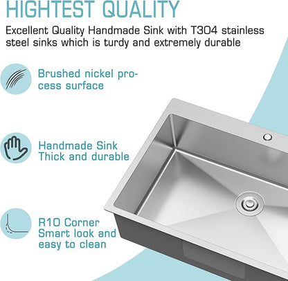 33x22 Drop In Kitchen Sink, 18 Gauge T304 Stainless Steel Top Mount Single Bowl, 9 Inch Deep Basin with Bottom Grid & Drain Assembly, Rust-Proof Brushed Nickel