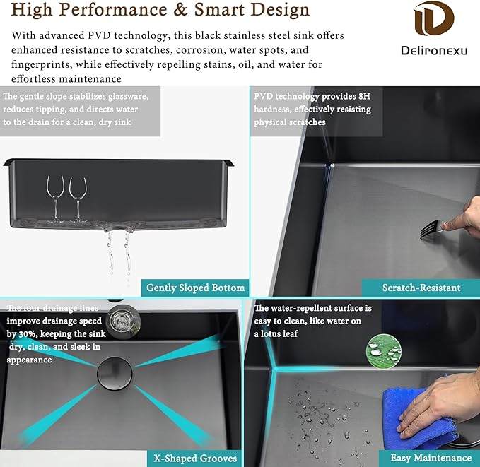 32 Inch Black Kitchen Sink Undermount - Delironexu Undermount Kitchen Sink Black, 16 Gauge Stainless Steel kitchen Sinks Single Bowl, 32''x18'' black Stainless Steel sink with 4 Accessories