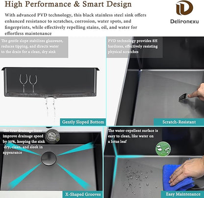 32 Inch Black Kitchen Sink Undermount - Delironexu Undermount Kitchen Sink Black, 16 Gauge Stainless Steel kitchen Sinks Single Bowl, 32''x18'' black Stainless Steel sink with 4 Accessories