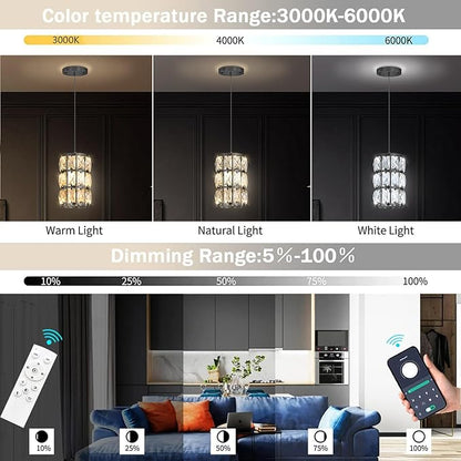 1-Lights Modern Crystal Pendant Lights for Kitchen Island LED Dimmable Glam Pendant Lighting Chandelier for Dining Room Hallway Corner Lamp Black