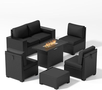 Patio Furniture Set, Wide Armrest Outdoor Furniture Set with 44" Fire Pit Table Thick Cushions, 7 Piece Wicker Rattan Patio Sectional Sofa for Backyard, Poolside, Garden