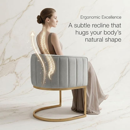Hyfirm Gray and Gold Modern Barrel Dining Room Chairs Set of 6, Velvet Upholstered Accent Chairs with Curved Back for Kitchen Island, Luxury Comfort Seating Cantilever Metal Frame