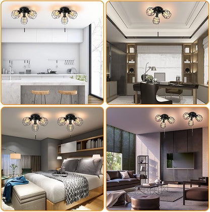 EVAHOM Pull Chain Light Fixture, 3 Light Semi Flush Mount Ceiling Fixture, Vintage Pendant Light Fixture for Porch/Hallway/Kitchen/Bedroom, Bulb Not Included