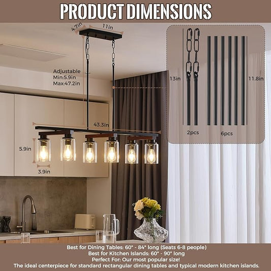 6-Light Kitchen Island Lighting & Farmhouse Dining Room Light Fixtures Over Table, Rustic Wood Linear Chandelier Adjustable Ceiling Hanging Pendant- Rotating Design, Customizable Shapes, Clear Glass