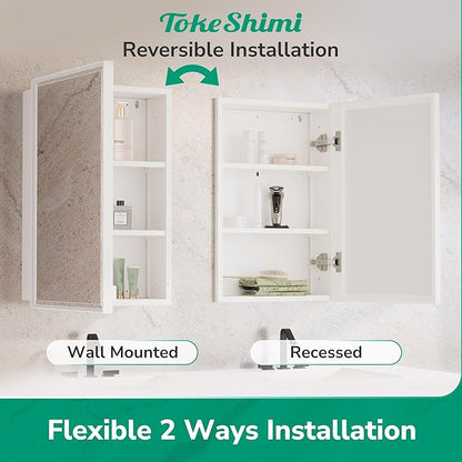 TokeShimi 20 x 26 Recessed Medicine Cabinet with Mirror Surface Mounted, Metal Beveled Mirror with Storage for Bathroom Vanity, Aluminum Alloy White Medicine Cabinet Mirrored