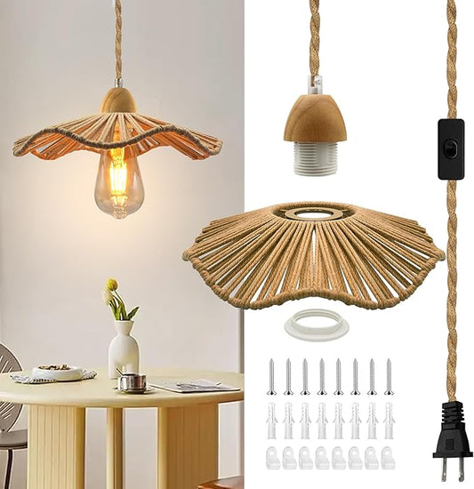 Countryside Rustic Hemp Rope Pendant Light Cord Kit, 16.7FT Farmhouse Hanging Lights with Plug in Cord, Boho Pendant Light Fixture with 26x5 cm Hemp Rope Woven Shade, E26 E27 Bulb Socket, for Island