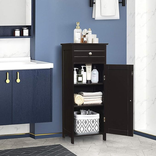Modern Bathroom Floor Cabinet, Freestanding Side Storage Cabinet, 1 Large Drawer and 3 Adjustable Shelves, Brown