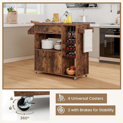 Giantex Rolling Kitchen Island Cart with Drop Leaf, Power Outlet, Spice Rack, 12 Wine Rack, Glass Holder, Drawer, Storage Cabinet, Towel Rack, Island Table for Breakfast Coffee Bar (Rustic Brown)
