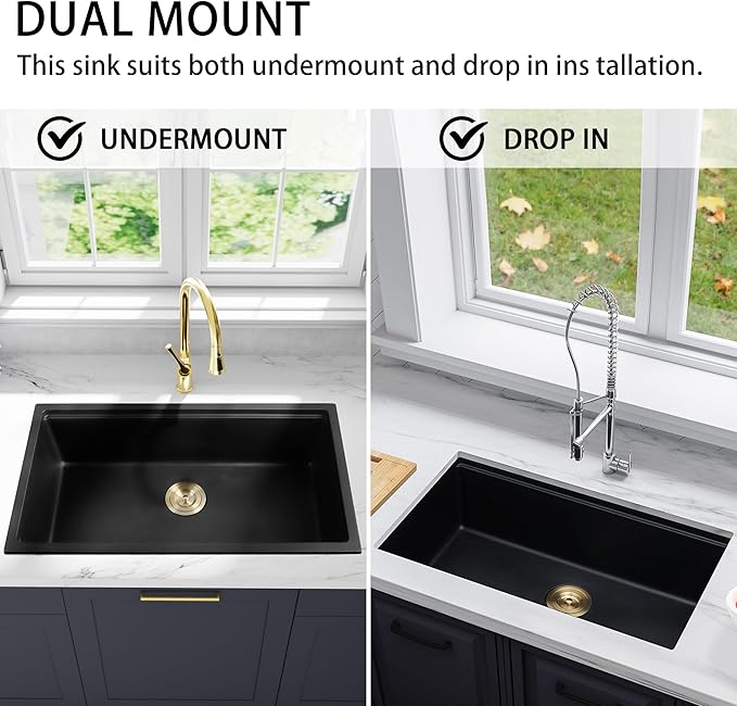 Black Undermount Kitchen Sink 30 Inch - Drop In Granite Quartz Composite Workstation Sink - Deep Single Bowl,Dual Mount,with Accessories