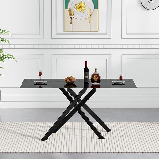 Rectangular Glass Dining Table, Tempered Glass Tabletop and Metal Legs, Modern Style Glass Kitchen Table for Home, Kitchen, Dining Room (Black, 52'')