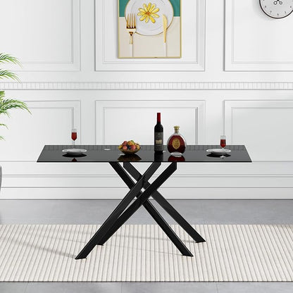 Rectangular Glass Dining Table, Tempered Glass Tabletop and Metal Legs, Modern Style Glass Kitchen Table for Home, Kitchen, Dining Room (Black, 52'')