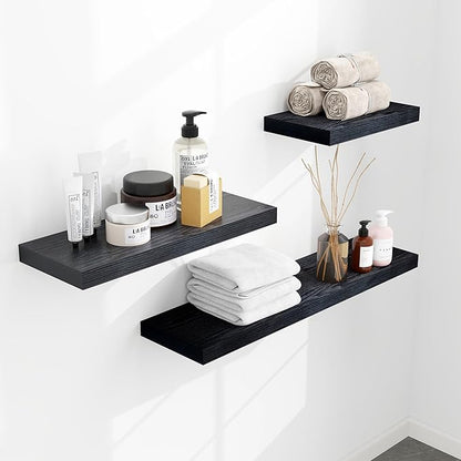 Fun Memories Deep Floating Shelves - 16" W x 9.3" D x 1.6" H Rustic Black Wall Shelf - Wall Mounted Shelves for Storage - Wooden Shelves with Invisible Brackets for Living Room, Farmhouse - Set of 2