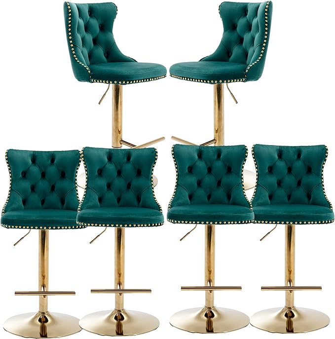 Rhomtree Velvet Swivel Bar Stools Upholstered Bar Stool with Button Tufted Back and Pull Ring Height Adjustable Barstools 25-33 Inch for Home Pub and Kitchen Island (Green with Gold Base, Set of 6)