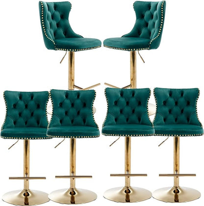 Rhomtree Velvet Swivel Bar Stools Upholstered Bar Stool with Button Tufted Back and Pull Ring Height Adjustable Barstools 25-33 Inch for Home Pub and Kitchen Island (Green with Gold Base, Set of 6)