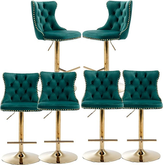 Rhomtree Velvet Swivel Bar Stools Upholstered Bar Stool with Button Tufted Back and Pull Ring Height Adjustable Barstools 25-33 Inch for Home Pub and Kitchen Island (Green with Gold Base, Set of 6)