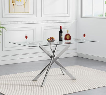 SSLine 51.2" Rectangle Glass Dining Table for 4 Modern Glass Tabletop Kitchen Table for 4 Luxury Dining Room Tables with Silver Nest-Shape Metal Base for Home Kitchen Dining Room
