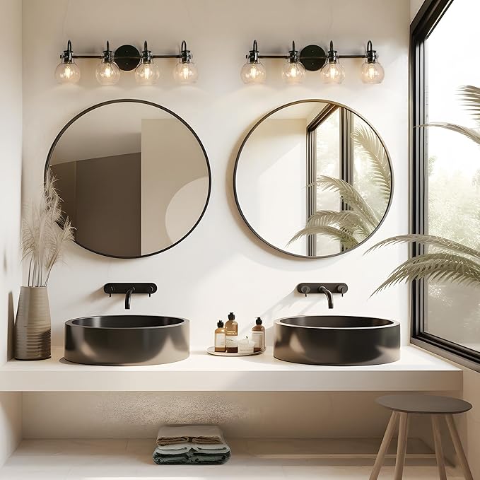 KSANA Black Bathroom Light Fixtures, 4-Light Modern Farmhouse Black Vanity Lights with Clear Glass Shade Over Mirror for Hallway, Kitchen, Bedroom, and Living Room