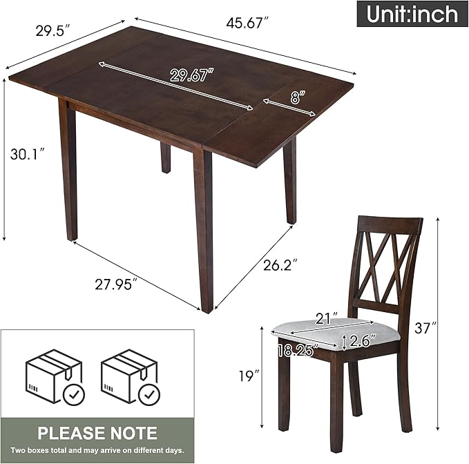 Ball & Cast 3-Piece Farmhouse Kitchen Island Drop Leaf Table-Chair Set, 29.57“/45.67" Folding Table w/ 2pcs Backrest Dining Chairs,Foldable Wooden Breakfast Set for Small Place,Space Saving, Brown