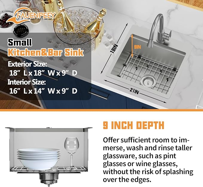 Kitchen Sink Workstation,18x18 In Stainless Steel Drop In Single Bowl Bar Sink Built-in Ledge Small Topmount Workstation Sink With Accessory-SS Grid Cutting Board,Silicon Mat,Drain Assembly