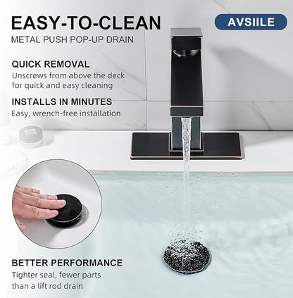 AVSIILE Oil Rubbed Bronze Bathroom Faucet, Single Hole Vanity Bath Faucet, Single Handle Modern Stainless Steel Bathroom Faucets for Sink 1 Hole with Pop Up Drain Stopper & Water Supply Hoses