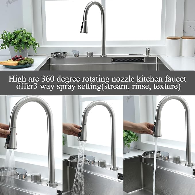 33 Inch Drop In Waterfall Kitchen Sink with Fuacet Combo-Bokaiya 33x22 Drop In Kitchen Sink with Cup Washer 16 Gauge Stainess Steel Top Mount Multifunctional Sink, Updated Water Pressure Control