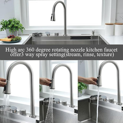 33 Inch Drop In Waterfall Kitchen Sink with Fuacet Combo-Bokaiya 33x22 Drop In Kitchen Sink with Cup Washer 16 Gauge Stainess Steel Top Mount Multifunctional Sink, Updated Water Pressure Control