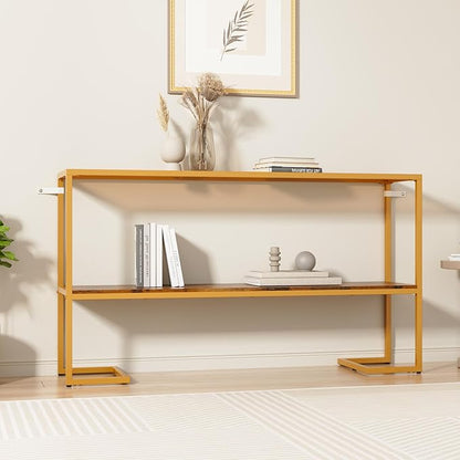 Furnify Console Sofa Table, 52" Modern Entryway Table, 2-Tier Open Shelf with Tempered Glass, Metal Frame Behind Couch Table with Gold Metal Frame for Living Room Hallway Entrance, Brown