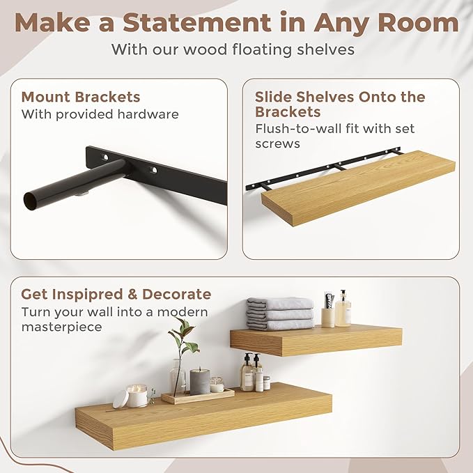Marsmiles 12" Deep Floating Shelves for Wall with Invisible Brackets, Wall Mounted Engineered Wood Shelves with Wood Grain for Living Room, Bedroom, Kitchen Decor and Storage, 48" L Set of 1, Oak