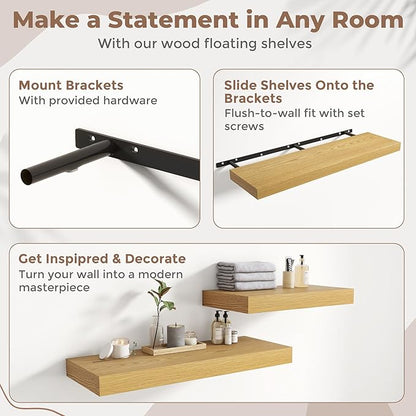 Marsmiles 12" Deep Floating Shelves for Wall with Invisible Brackets, Wall Mounted Engineered Wood Shelves with Wood Grain for Living Room, Bedroom, Kitchen Decor and Storage, 72" L Set of 1, Oak