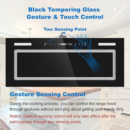 JOEAONZ Range Hood Insert 30 Inch 800 CFM, Built-in Vent Hood Black Glass Gesture & Touch Control Kitchen Exhaust Fan, Mesh Filters Recirculating Stove Hood Dual LED Lights Ducted/Ductless Convertible