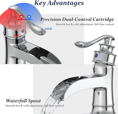 BWE Chrome Waterfall Bathroom Faucet, Single Handle One Hole Sink Faucet with Pop Up Drain and Water Supply Line for Vanity Basin, Solid Brass Construction
