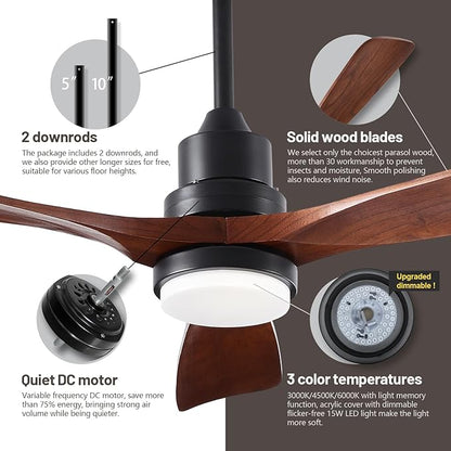 52 Inch Ceiling Fans with Lights and Remote, Quiet Reversible DC Motor and 3 Color Dimmable Light, 3 Blades 6 Speed Wood Ceiling Fan for Farmhouse Living Room Bedroom Dining Room Workroom Study