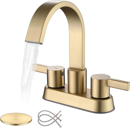 Bathroom Sink Faucet 3 Hole Brushed Gold, 2 Handle 4 Inch Centerset Stainless Steel Bathroom Faucet with Pop up Drain and 2 Supply Lines, SE-0048-BG