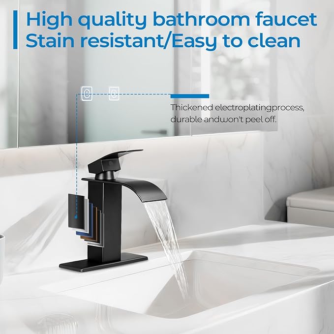 Matte Black Bathroom Faucets, Waterfall Bathroom Sink Faucet Modern Single Handle Bathroom Faucte 1 or 3 Hole, RV Mixer Tap Vanity Faucet - Includes Pop-up Drain Supply Hoses Deck Plate