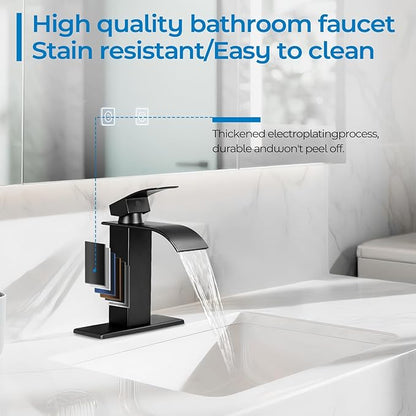 Matte Black Bathroom Faucets, Waterfall Bathroom Sink Faucet Modern Single Handle Bathroom Faucte 1 or 3 Hole, RV Mixer Tap Vanity Faucet - Includes Pop-up Drain Supply Hoses Deck Plate