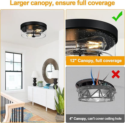 Flush Mount Ceiling Light Fixtures, 2-Light Black and Silver Ceiling Mount for Farmhouse with Seeded Glass Lampshade, Industrial Flush Mount Light Fixture for Hallway, Kitchen, Entryway and Foyer