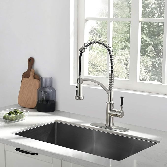 Kitchen Faucet with Pull Down Sprayer, Single Handle Brushed Nickel High Arc Commercial Farmhouse Kitchen Sink Faucet with Deck Plate