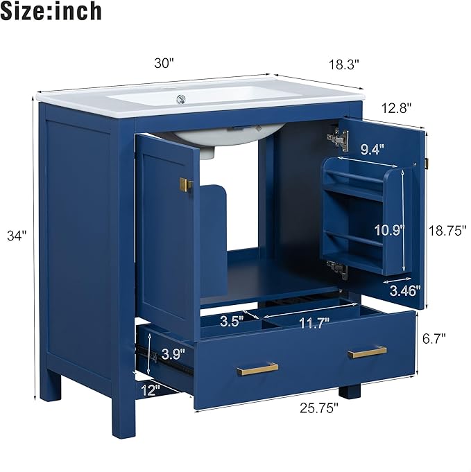 GDFStudio 30" Bathroom Vanity Sink Combo with 1 Drawers & 2 Soft Closing Doors Floor Mount Freestanding Wood Bathroom Storage Cabinet Set with Ceramic Basin Sink Top for Small Bathroom Space, Blue