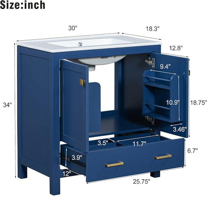 GDFStudio 30" Bathroom Vanity Sink Combo with 1 Drawers & 2 Soft Closing Doors Floor Mount Freestanding Wood Bathroom Storage Cabinet Set with Ceramic Basin Sink Top for Small Bathroom Space, Blue