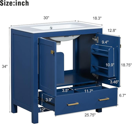 GDFStudio 30" Bathroom Vanity Sink Combo with 1 Drawers & 2 Soft Closing Doors Floor Mount Freestanding Wood Bathroom Storage Cabinet Set with Ceramic Basin Sink Top for Small Bathroom Space, Blue