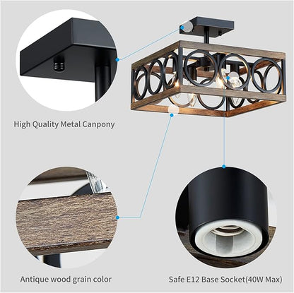 XINGQI Modern 4-Light 13'' Farmhouse Vintage Semi Flush Mount Ceiling Light Fixture for Living Dining Room Bedroom, Antique Wood Grain+Black Finish with Square Metal Shade,E12 Bulbs