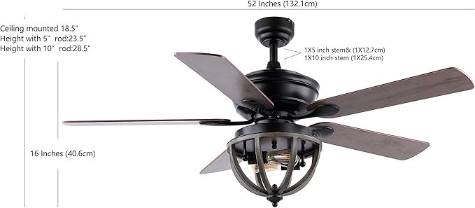 JONATHAN Y 52" Black 2-Light Iron LED Ceiling Fan with Remote, 5 Reversible Ashwood/Coffee Brown Blades, Farmhouse Industrial Metal Dome Shade, ETL Listed, LED Bulbs Included JYL9613A