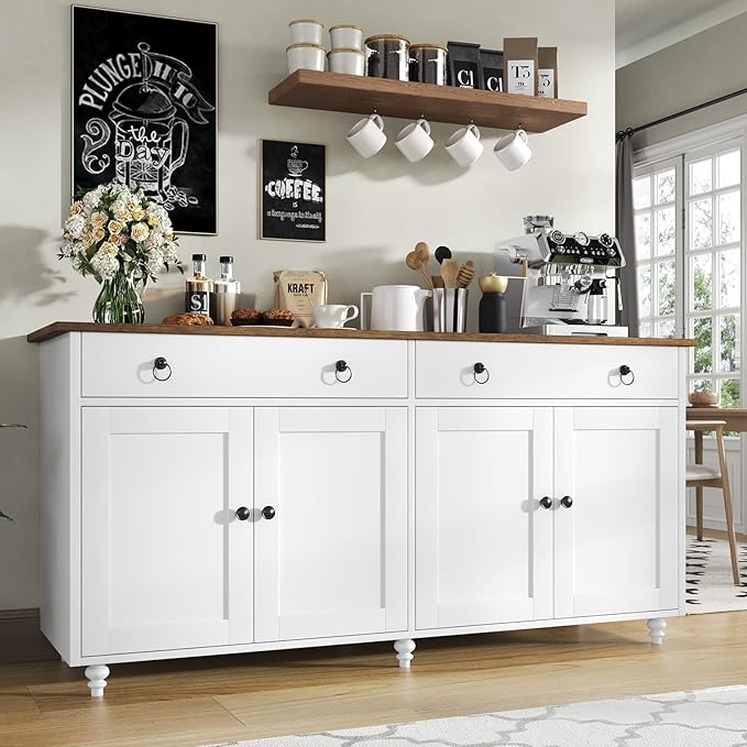 4 EVER WINNER 55" Large Buffet Cabinet with Storage, mid-Century Modern Coffee Bar Cabinet with 2 Drawers, 4 Doors & Adjustable Shelves, White Sideboard for Kitchen, Dining Room